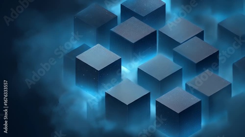 Abstract digital cubes in a dark, hazy atmosphere