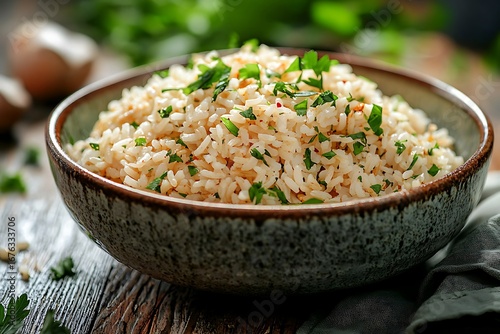 Nutritious plain rice topped with fresh herbs high resolution picture