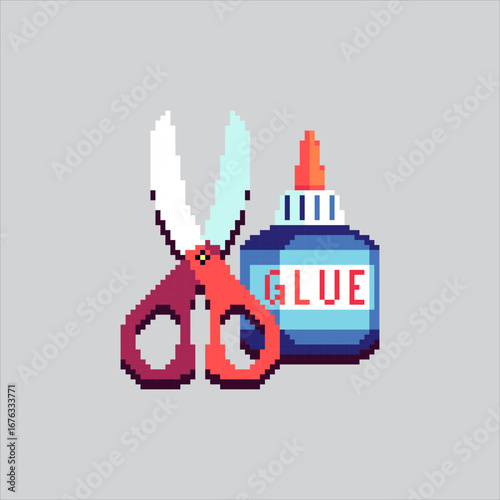 Pixel art illustration Scissors and Glue. Pixelated Office Tools. Scissors and Glue Office Tools Icon pixelated for the pixel art game and icon for website and video game. old school retro.