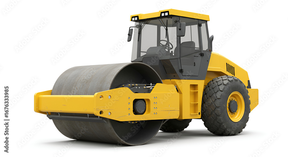 Fototapeta premium Yellow road roller heavy machine used for compacting soil and asphalt in road construction