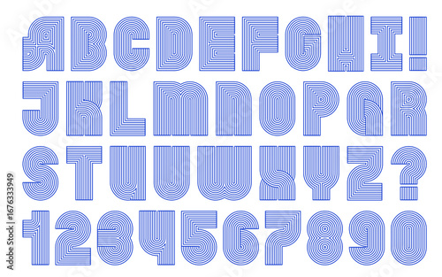 Blue abstract line font, arch shape, curved pattern. Retro vector logo clipart, number figures. Geometric minimalist zen art, organic rainbow shape, minimal boho arc. Striped simple tech alphabet