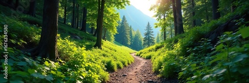 A winding mountain trail disappears into a lush green forest, sunlight dappling through the trees Perfect for adventure, exploration, and nature lovers , hiking, viewpoint