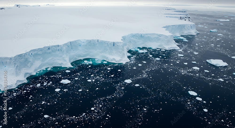 Obraz premium Beautiful Cascading ice cliffs breaking into a polar sea for Creative Projects