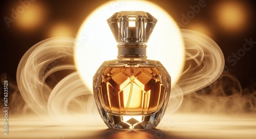 An illustration of a bottle of perfume with a crystal glass design, surrounded by soft mist and warm golden light, creating an elegant and luxurious atmosphere.