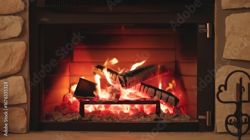Cozy Fireplace with Burning Logs and Glowing Embers, Providing Warmth and Ambiance in a Stone Hearth