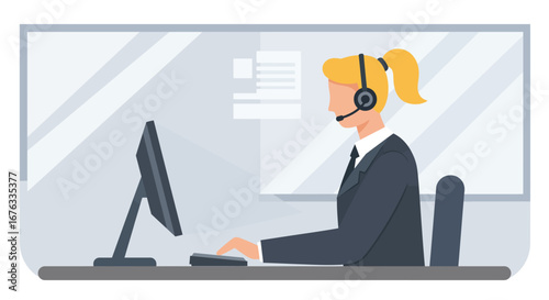 Stylized illustration of a female customer service professional at work