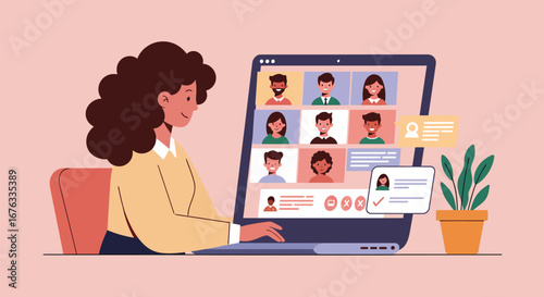 Stylized vector of professional woman in online meeting with diverse participants