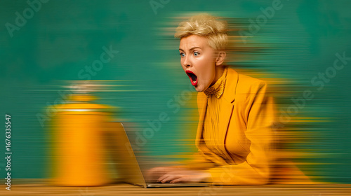 Woman in mustard blazer shocked in front of laptop with speed effect on green background - Generated with AI