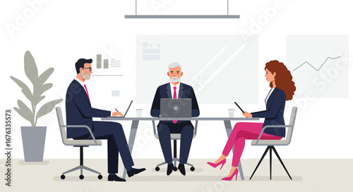 Stylized flat vector illustration of a job interview in a modern office space