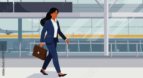 Businesswoman confidently strides through a modern airport terminal with briefcase