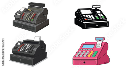 Collection of Vintage and Modern Cash Registers on a Clean White Backdrop