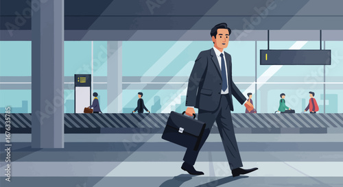 Professional vector illustration of a businessman with briefcase in airport terminal