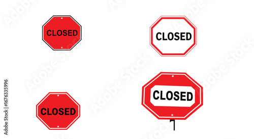 A group of stylized vector closed sign variations on a white background