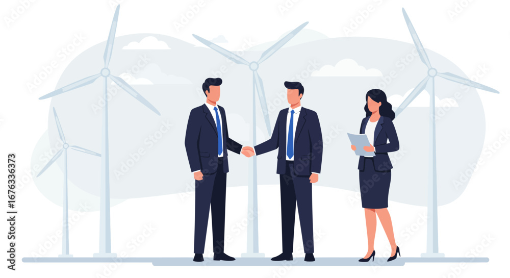 Obraz premium Two businessmen shake hands in front of wind turbines, while a businesswoman stands nearby with a tablet, symbolizing a green energy deal.