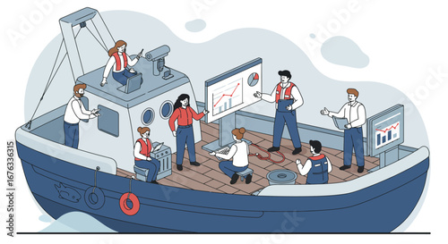 Team aboard a fishing vessel analyzes data and charts, strategizing for a successful fishing expedition.