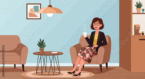 Stylized illustration of a professional woman enjoying coffee break in lounge