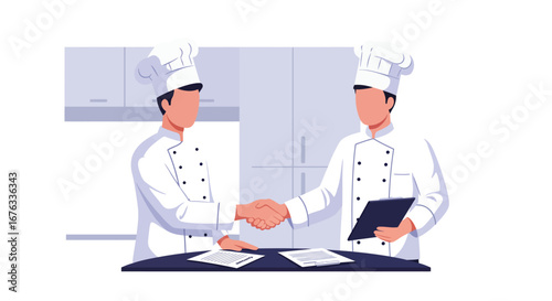 Two professional chefs in uniform shaking hands over a contract in a modern kitchen setting.