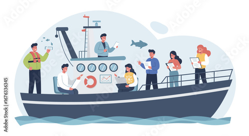 A team of scientists conducting marine research and oceanography studies aboard a scientific vessel.