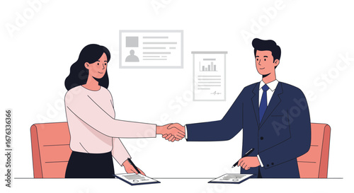 Two business professionals, a woman and a man, shake hands across a table, symbolizing a successful agreement or partnership in an office setting.