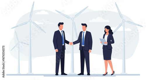 Two businessmen shake hands in front of wind turbines, while a businesswoman stands nearby with a tablet, symbolizing a green energy deal.