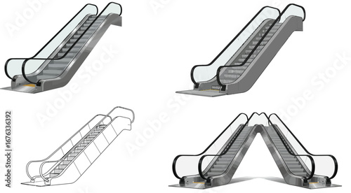 Isolated escalator illustrations depicting varied perspectives on white backdrop