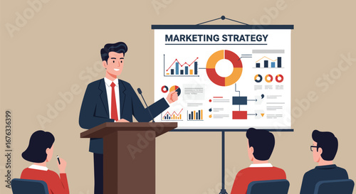 Business presentation of marketing strategy with infographics and diagrams
