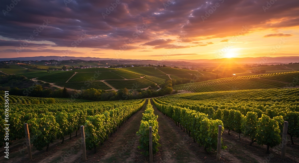 Fototapeta premium Lush vineyard valley under golden evening skies | Nature, Landscape & Backgrounds