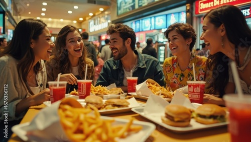 Cheerful friends enjoying fast food in a mall food court