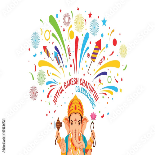 Colorful graphic design celebrating Ganesh Chaturthi with fireworks and the deity Ganesha.