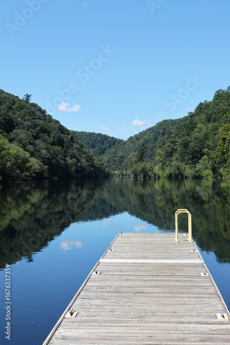 boat dock view of a mountain lake