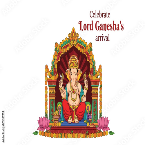 Lord Ganesha sitting on ornate throne, celebrating his arrival.