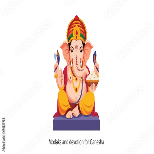 A colorful illustration of Lord Ganesha, the Hindu deity, seated and holding modaks, symbolizing devotion.