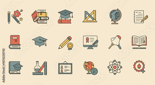 Colorful education icon set with a vintage aesthetic, featuring school supplies, graduation caps, and academic symbols.