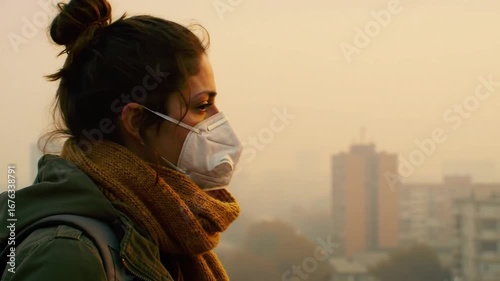 Young Woman Wearing Mask Contemplates Hazy Polluted City Skyline with an Orange Sky