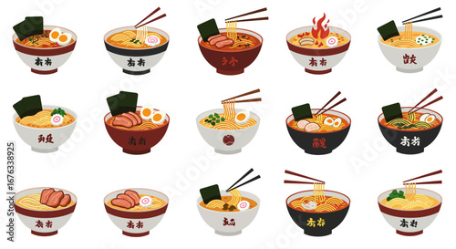 A diverse collection of illustrated Japanese ramen noodle soup bowls with various toppings, including nori, egg, and chashu, served with chopsticks.