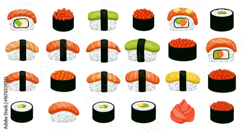 Colorful vector illustration set of various Japanese sushi, including nigiri, maki rolls, and gunkan maki.