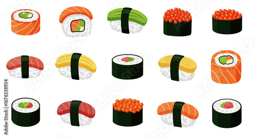 Colorful vector illustration set of assorted Japanese sushi, including nigiri, maki, uramaki, and gunkan with salmon and tuna.