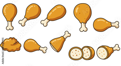 Collection of cartoon fried chicken drumsticks with crispy golden-brown skin and cross-section views.