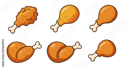 Set of six cartoon fried and roasted chicken drumsticks and legs with crispy and smooth golden-brown textures.
