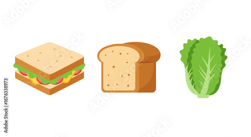 Vector illustration set of a square sandwich, a slice of bread, and a green lettuce leaf.
