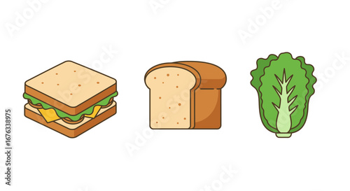 Illustrated food icons featuring an isometric sandwich, a loaf of bread, and fresh green lettuce.