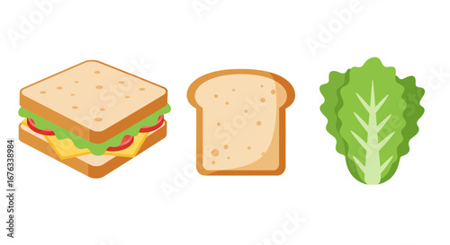 A colorful cartoon illustration of a layered sandwich, a slice of bread, and a fresh lettuce leaf.