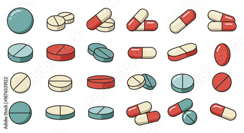 Collection of Cartoon-Style Pills and Capsules - Red, White, and Blue Medications.
