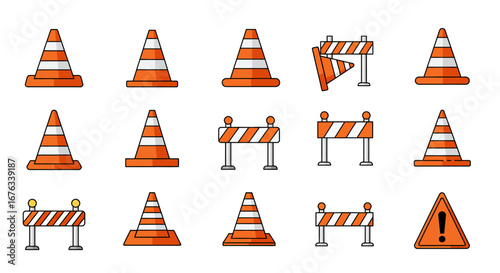 Collection of Orange and White Striped Traffic Cones and Barriers.