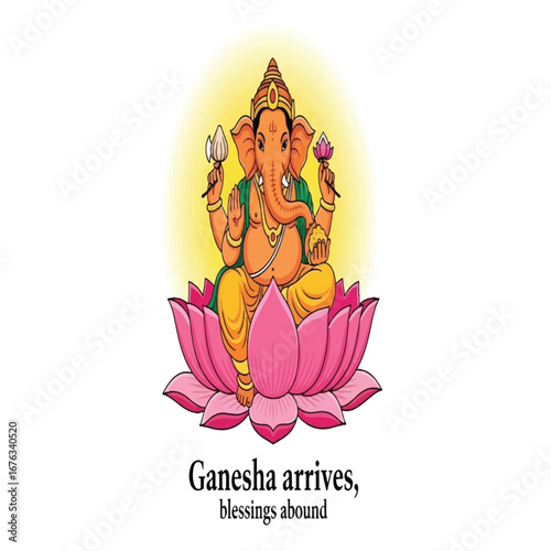 Cartoon illustration of Lord Ganesha, the elephant-headed Hindu deity, sitting peacefully on a pink lotus flower with a yellow aura.