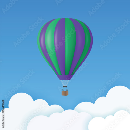 Vector Travel Banner with 3d Realistic Hot Air Balloon Icon on a Blue Sky Background. Design Template, Summer Vacation, Travelling, Tourism and Journey Concept