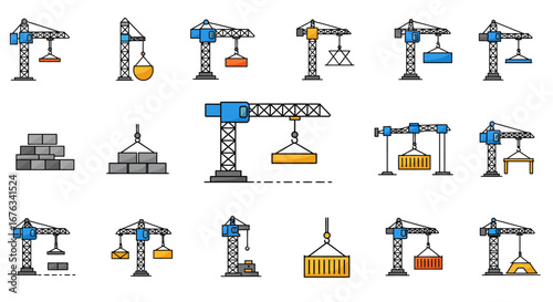 Collection of Diverse Crane Icons - Construction, Lifting, and Cargo Handling.