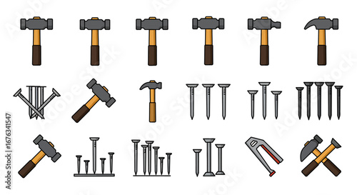 Collection of Cartoon-Style Hammers and Nails.