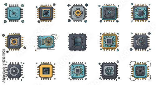 Collection of Diverse Microchip Designs - Square Integrated Circuits with Varied Internal Components.