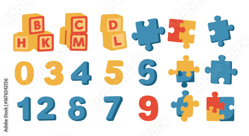 Colorful Alphabet Blocks and Number Puzzles for Early Childhood Education.